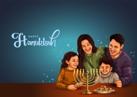 Happy family celebrating Hannukah festival at home. creative abstract illustration digital painting.のイラスト素材