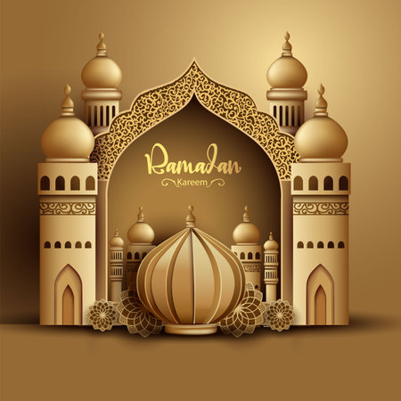 Ramadan Kareem art greetings with golden mosque and yellow background. abstract vector illustration design.のイラスト素材