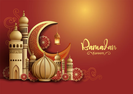 Ramadan Kareem art greetings with red mosque and black background. abstract vector illustration design.のイラスト素材