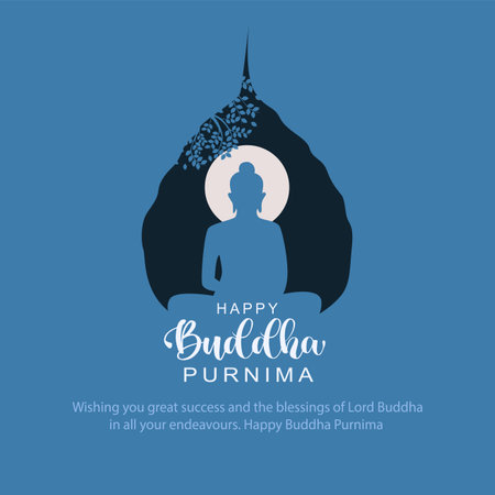 Happy Vesak Day, Buddha Purnima wishes greetings with buddha and lotus illustration. Can be used for poster, banner, logo, background, greetings, print design. abstract illustration design.のイラスト素材