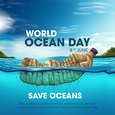 save our oceans. World oceans day design with plastic bottle. abstract vector illustration designのイラスト素材