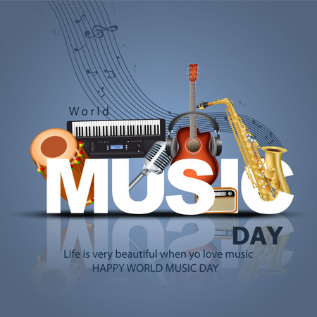 happy world music day and musical instruments with blue background. vector illustration designのイラスト素材