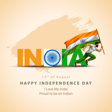 happy independence day India.15th August background. Indian man running with flag. abstract vector illustration designのイラスト素材