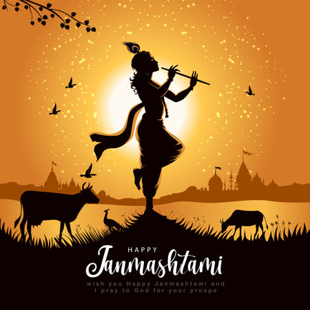 Happy Janmashtami With blue Background Silhouette abstract Vector Illustration designのイラスト素材