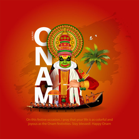 Kerala festival happy onam with kathakali face, use for poster, leaflet , banner. abstract vrctor illustration designのイラスト素材