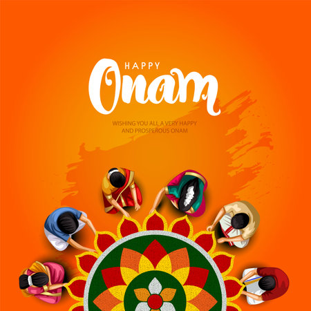 Kerala festival happy onam with people making flower decoration, use for poster, leaflet , banner. abstract vector illustration designのイラスト素材