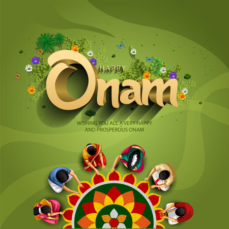New Kerala festival happy onam with people making flower decoration, use for poster, leaflet , banner. abstract vector illustration designのイラスト素材