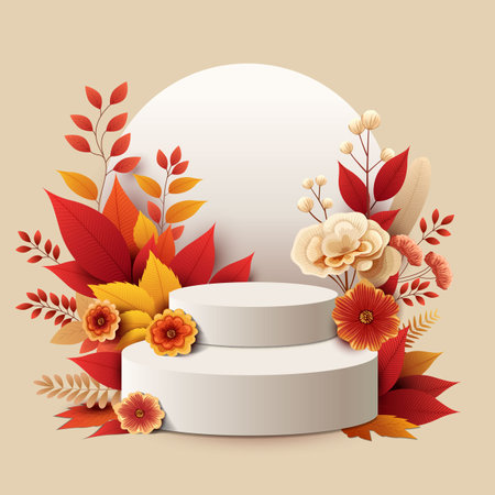 White display podium mockup. autumn season red and yellow leaves, berries, wreath. Fall floral background for products. abstract vector illustration designのイラスト素材