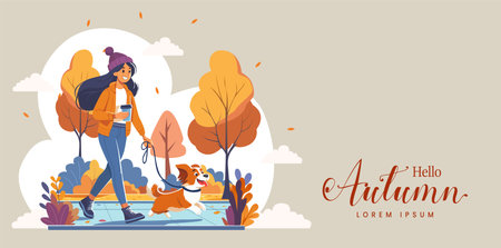 Hello Autumn. young girl walking with dog. Cartoon abstract vector illustration designのイラスト素材