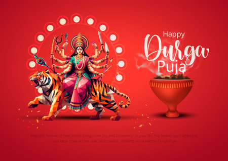 Indian God shri Druga in Happy Durga Puja Subh Navratri red background. vector illustration designのイラスト素材