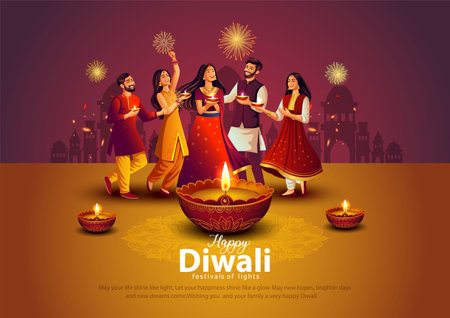 Indian festival of lights Happy Diwali with happy family, holiday Background, Diwali celebration greeting card, vector illustration design.のイラスト素材