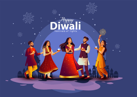 Indian festival Happy Diwali with Diwali props, holiday Background, Diwali celebration greeting card, vector illustration design.のイラスト素材
