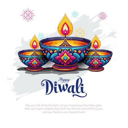 happy Diwali. Indian festivals of light with outline colorful Diya. abstract vector illustration designのイラスト素材