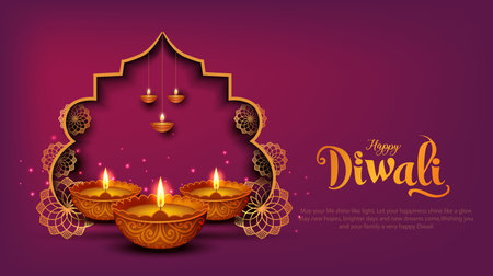Indian festival of lights Happy Diwali, holiday Background, Diwali celebration greeting card, abstract vector illustration design.のイラスト素材