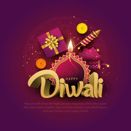 Indian festival Happy Diwali with Diwali props, holiday Background with crackers, Diwali celebration greeting card, abstract vector illustration.のイラスト素材