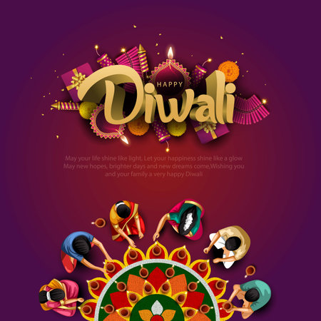 Indian festival Happy Diwali with Diwali props, holiday Background with crackers, Diwali celebration greeting card, abstract vector illustration.のイラスト素材