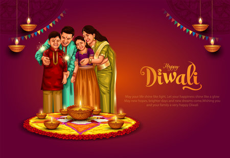 Indian festival of lights Happy Diwali with happy family, holiday Background, Diwali celebration greeting card, vector illustration design.のイラスト素材