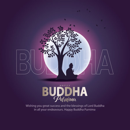 Happy Vesak Day, Buddha Purnima wishes greetings with buddha. Can be used for poster, banner, , background, greetings, print design. abstract illustration design.のイラスト素材