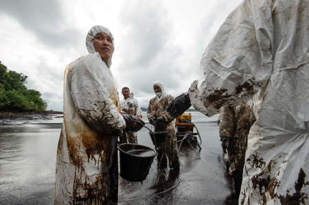 crude oil on oil spill accident on Ao Prao Beach at Samet island on July 31,2013 in Rayong,Thailand