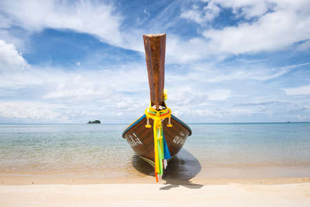 Traditional longtail boats in bay of Lipe island, Thailandの写真素材