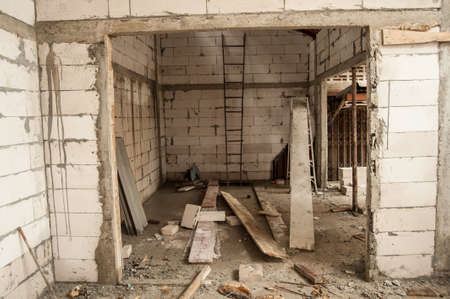 Concrete block for a new building on a construction site in rural countryside.の写真素材