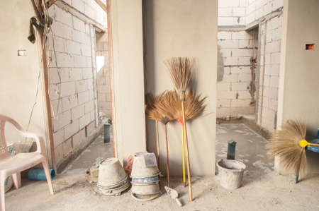 Concrete block for a new building on a construction site in rural countryside.の写真素材