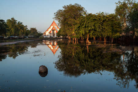 Mega flood at ancient temple in Ayuttaya historical park,Middle of Thailand.の写真素材