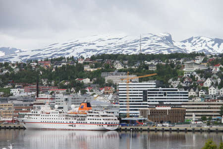 City of Tromso, Norway, View of mountains, buildings, churches and fjordsのeditorial素材