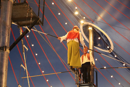 8-10-2022: Redwood city, California: Zoppe circus in Redwood city California, aerial bicyclists