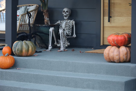 11-1-2022: Burlingame, California: Halloween decorations on streets, Pumpkins in a yard