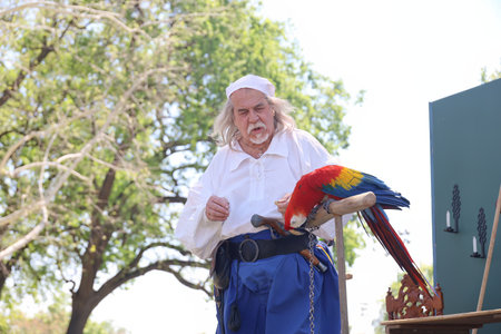 4-15-2023: Visalia, California: People in period costumes doing a parrot show at a Renaissance Faireのeditorial素材