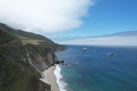 Windswept cliffs and Pacific ocean from Highway one Calfiforniaの写真素材