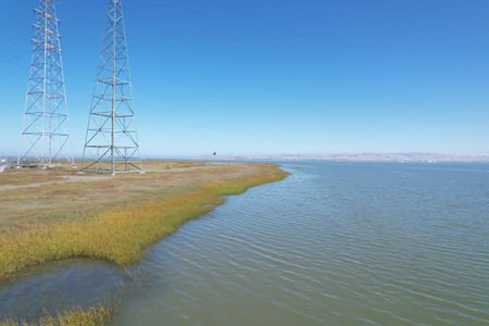 Aerial photo of Palo alto baylands, California. Photo of marshes, sloughs, and blue summer skiesの写真素材
