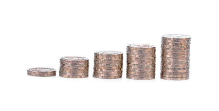 Thai ten Baht silver coins stack  on white  background.の写真素材