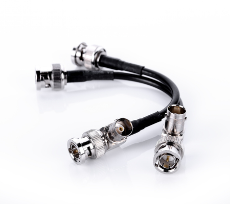 bnc connector3 way  isolated on white backgroundの写真素材