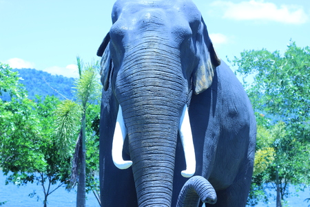 The big elephant statues in a park with a forest backgroundの写真素材