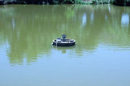 Old water pump in the center of the pondの写真素材