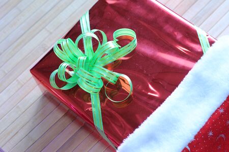 Gift box of multi-colored ribbons arranged beautifullyの写真素材