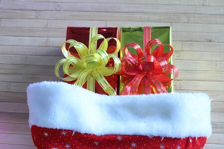 Gift box of multi-colored ribbons arranged beautifullyの写真素材