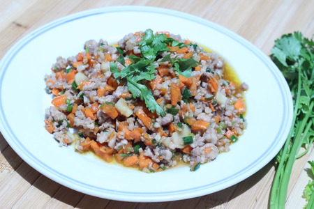 Fried pork chops with carrots, onion, celery and garlic (Thailand Food)の写真素材