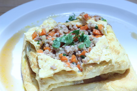 Diced pork with carrot, onion, garlic, tasty foods (Thailand)の写真素材
