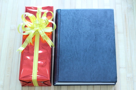 Gift box of multi-colored ribbons arranged beautifullyの写真素材