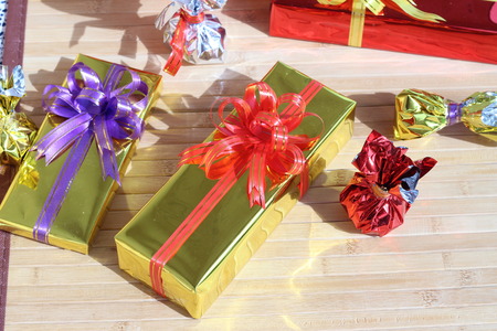Gift box of multi-colored ribbons arranged beautifullyの写真素材