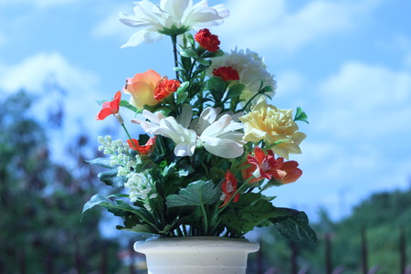 Flowers in a vase multiplicity paint outdoors in the gardenの写真素材