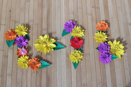 Gift box of multi-colored ribbons arranged beautifullyの写真素材