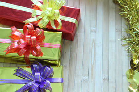 Gift box of multi-colored ribbons arranged beautifully