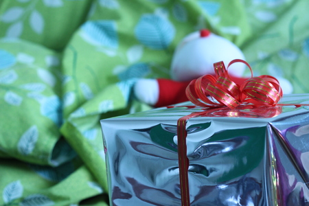 Gift box of multi-colored ribbons arranged beautifullyの写真素材