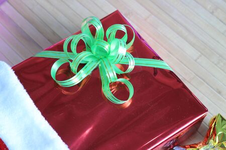 Gift box of multi-colored ribbons arranged beautifullyの写真素材