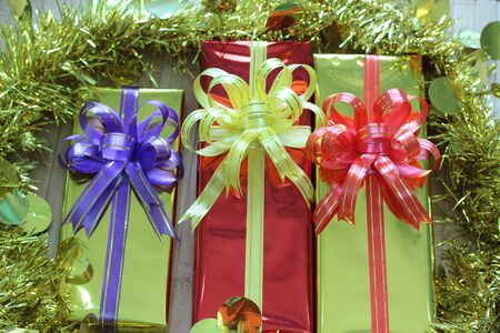 Gift box of multi-colored ribbons arranged beautifullyの写真素材