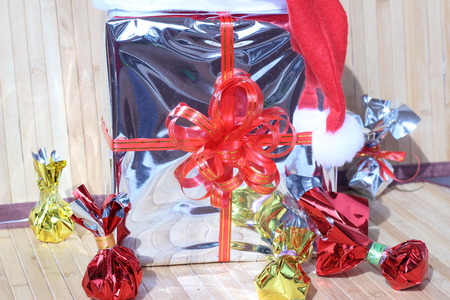 Gift box of multi-colored ribbons arranged beautifullyの写真素材